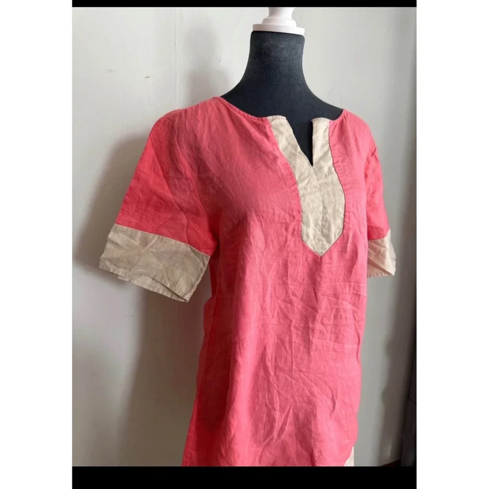 Pink Beige 100% Linen Colorblock Shift Dress‎ XS Lagenlook Beachy coastal
